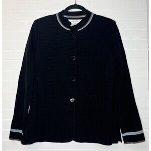 Exclusively MISOOK Black Knit Button Up Cardigan Jacket Medium Blue/Brown Trim